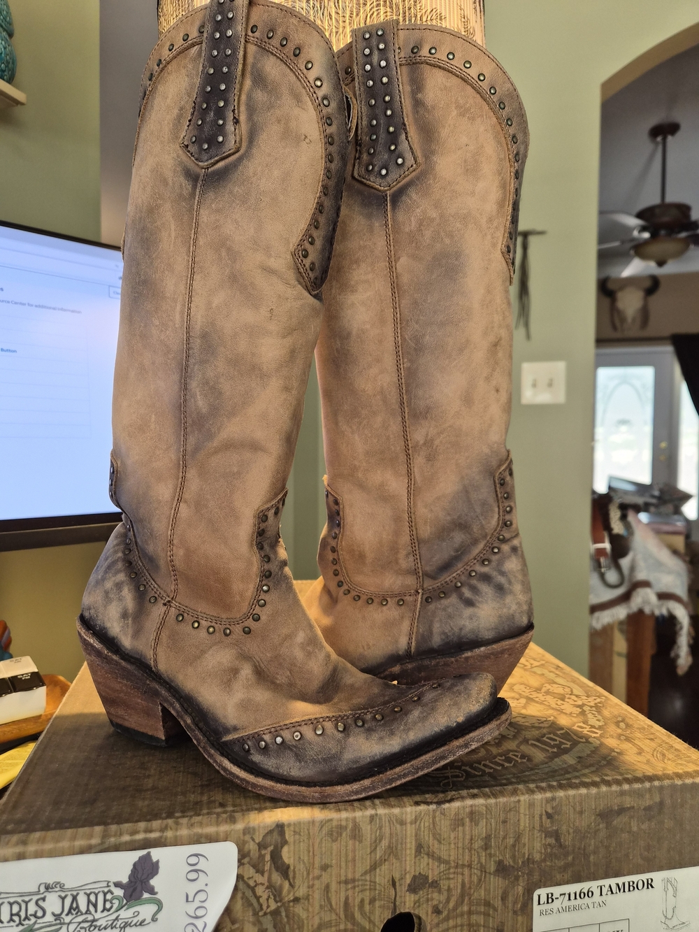 LIBERTY Black Tan Distressed Studded Western Heeled Boots